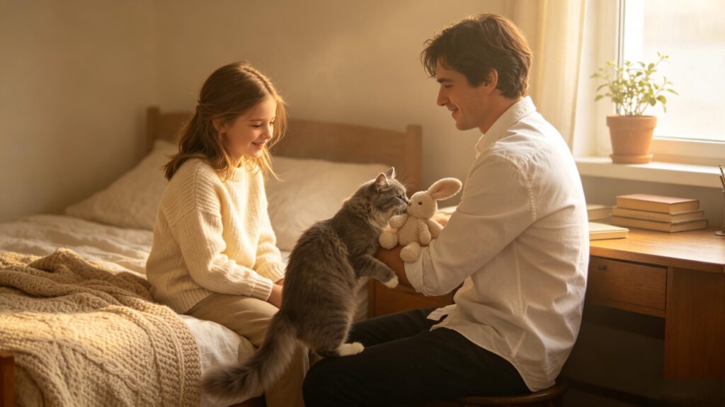 Alt: Cute cat carrying plush doll to show affection in warm dream scene