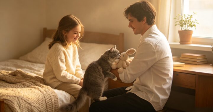 Alt: Cute cat carrying plush doll to show affection in warm dream scene