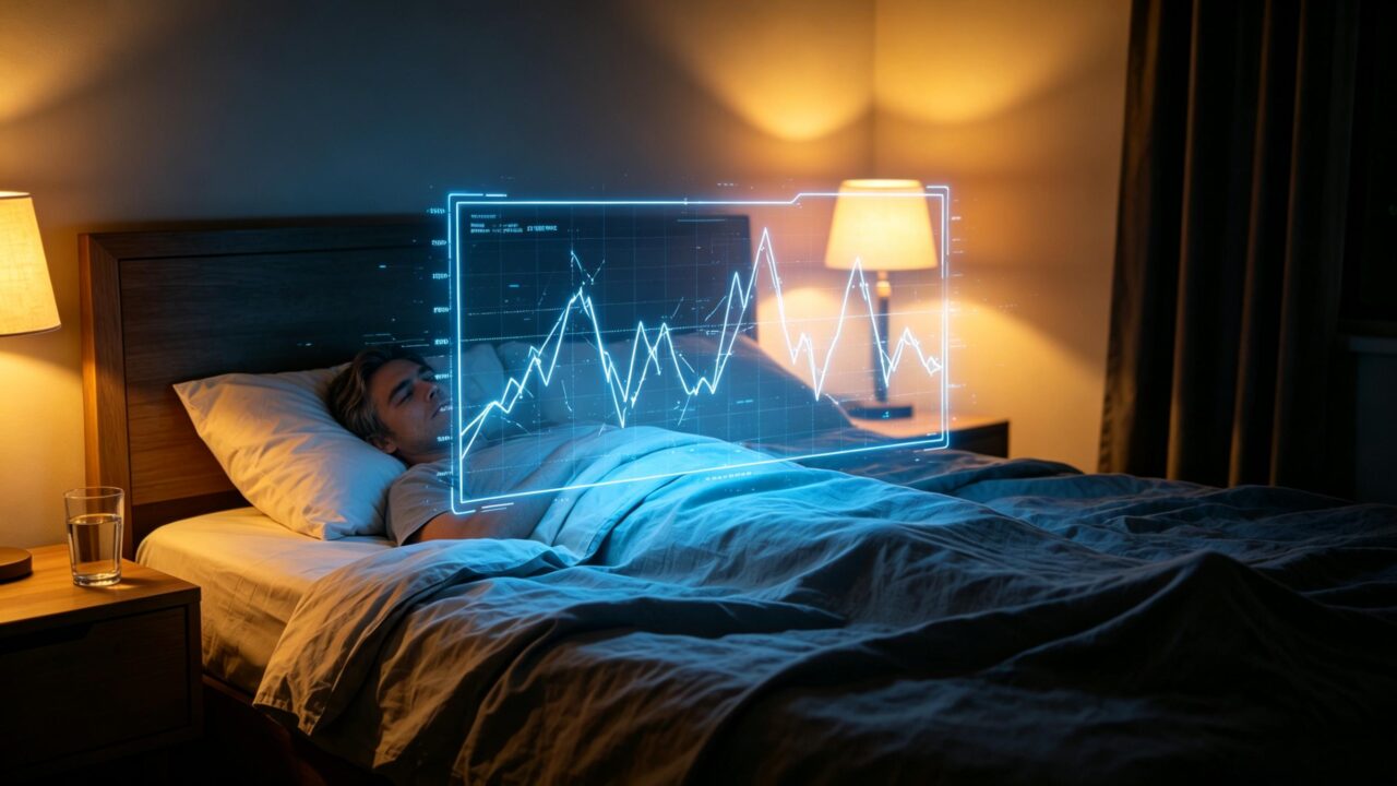 Caucasian man sleeping in dim cozy bedroom with glowing holographic sleep tracking graph overlay, melatonin sleep experiment shallow fragmented sleep data visualization
