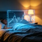 Caucasian man sleeping in dim cozy bedroom with glowing holographic sleep tracking graph overlay, melatonin sleep experiment shallow fragmented sleep data visualization