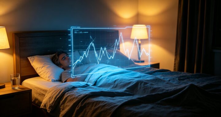 Caucasian man sleeping in dim cozy bedroom with glowing holographic sleep tracking graph overlay, melatonin sleep experiment shallow fragmented sleep data visualization