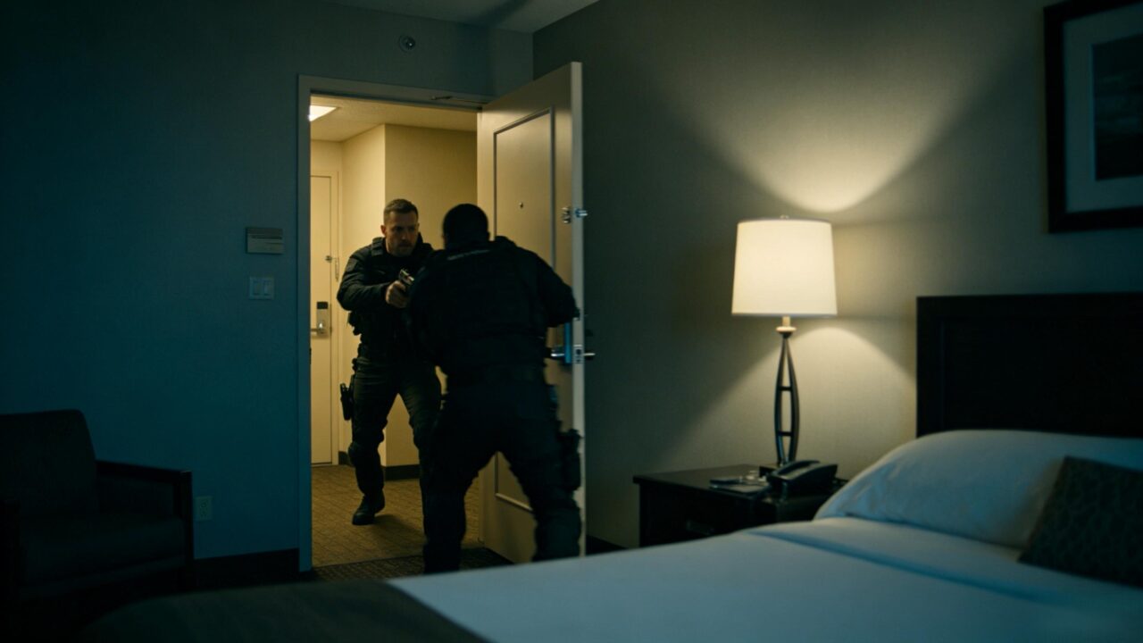 dream scene of attacker entering hotel room one by one to be subdued and restrained