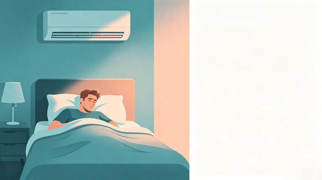 Minimal flat illustration in teal and peach tones, Caucasian male tossing restlessly in cool air-conditioned bedroom, shallow fragmented sleep, blank right margin for text, no dream silhouettes