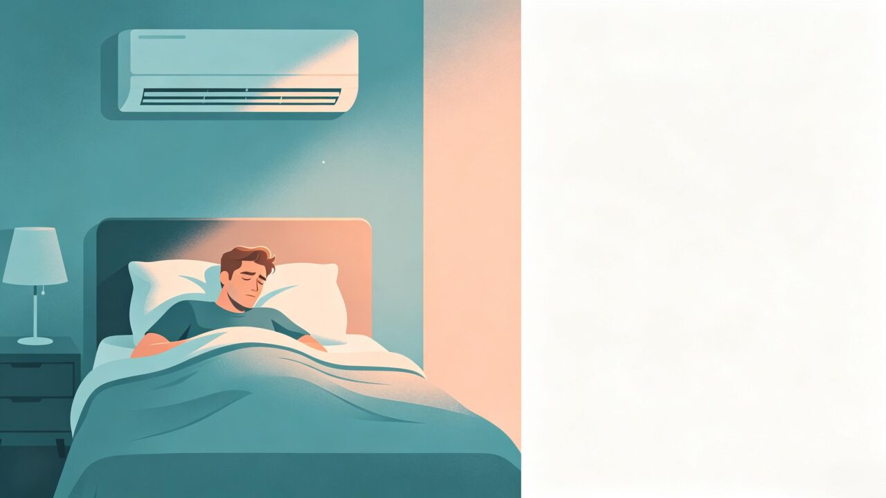 Minimal flat illustration in teal and peach tones, Caucasian male tossing restlessly in cool air-conditioned bedroom, shallow fragmented sleep, blank right margin for text, no dream silhouettes