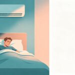 Minimal flat illustration in teal and peach tones, Caucasian male tossing restlessly in cool air-conditioned bedroom, shallow fragmented sleep, blank right margin for text, no dream silhouettes