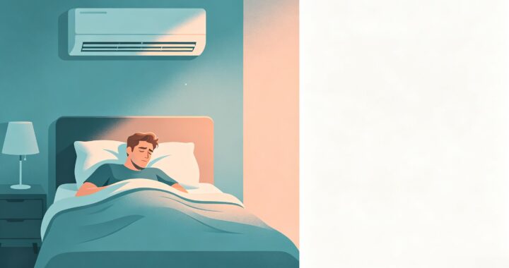 Minimal flat illustration in teal and peach tones, Caucasian male tossing restlessly in cool air-conditioned bedroom, shallow fragmented sleep, blank right margin for text, no dream silhouettes
