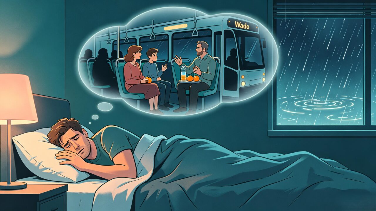 Cinematic portrait illustration, rainy bedroom Caucasian man tossing restlessly after drinking alcohol, translucent overlay of bus family rescue dream scene, soft muted rainy tone, wide blank space on right for text layout