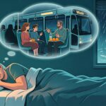 Cinematic portrait illustration, rainy bedroom Caucasian man tossing restlessly after drinking alcohol, translucent overlay of bus family rescue dream scene, soft muted rainy tone, wide blank space on right for text layout