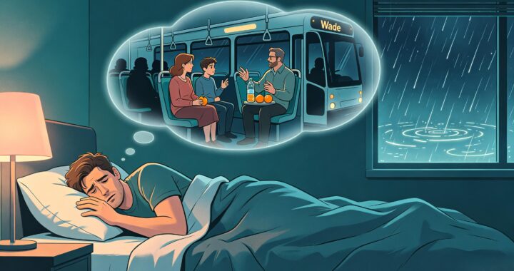 Cinematic portrait illustration, rainy bedroom Caucasian man tossing restlessly after drinking alcohol, translucent overlay of bus family rescue dream scene, soft muted rainy tone, wide blank space on right for text layout